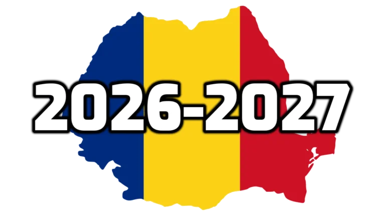 Шкільні канікули в Румунії 2026-2027, напис на фоні карти країни в кольорах національного прапора.